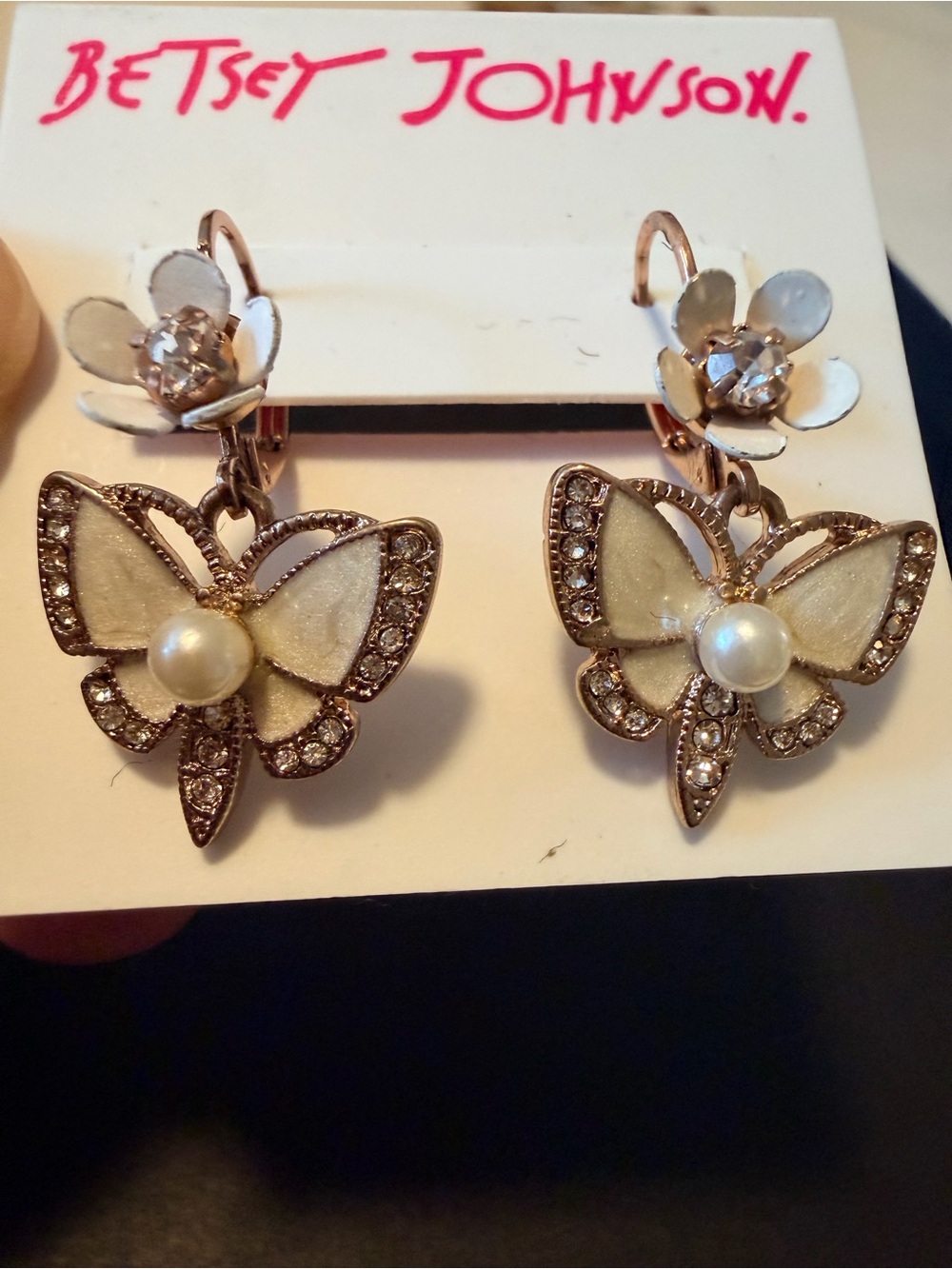 Betsey Johnson Rose Gold White Butterfly & Flower Drop Earrings